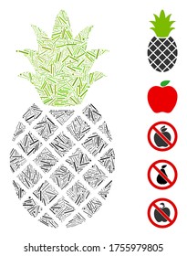 Hatch Mosaic auf der Grundlage von Ananas Symbol. Mosaike Vektorananas werden mit verstreuten Schlupfelementen erzeugt. Bonussymbole werden hinzugefügt.