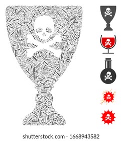 Hatch Mosaic based on poison cup icon. Mosaic vector poison cup is formed with scattered line spots. Bonus icons are added.