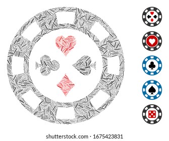 Hatch Mosaic based on poker casino chip icon. Mosaic vector poker casino chip is formed with scattered hatch elements. Bonus icons are added.