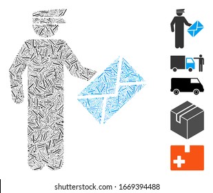Hatch Mosaic based on postman icon. Mosaic vector postman is created with random hatch spots. Bonus icons are added.