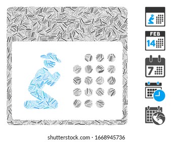 Mosaico de escote basado en el icono del calendario de rezo. El calendario de rezo de vectores de mosaico está diseñado con objetos escogidos al azar. Se agregan iconos de bonificación.