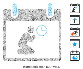 Hatch Mosaic based on pray time calendar day icon. Mosaic vector pray time calendar day is composed with randomized hatch spots. Bonus icons are added.