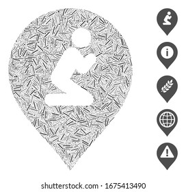 Hatch Mosaic based on prayer map marker icon. Mosaic vector prayer map marker is designed with random hatch elements. Bonus icons are added.
