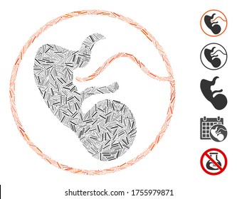Mosaico de escotilla basado en el icono del embarazo. El embarazo vectorial mosaico se forma con manchas de escotilla aleatorias. Se agregan iconos de bonificación.