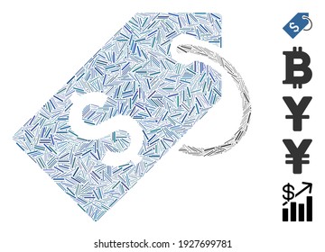 Hatch Mosaic based on price tag icon. Mosaic vector price tag is created with randomized hatch dots. Bonus icons are added.