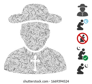 Hatch Mosaic based on priest icon. Mosaic vector priest is composed with random dash items. Bonus icons are added.