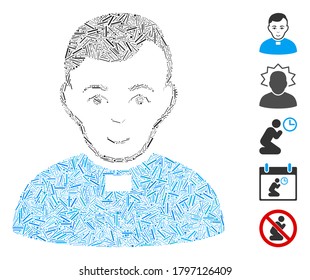 Hatch Mosaic based on priest icon. Mosaic vector priest is created with randomized line dots. Bonus icons are added.