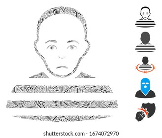 Hatch Mosaic based on prisoner icon. Mosaic vector prisoner is composed with scattered hatch spots. Bonus icons are added.