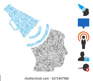 Hatch Mosaic basiert auf Propaganda Megaphon-Symbol. Mosaik Vektorillustration Propaganda Megaphon ist mit vereinzelten Brüterartikeln. Bonussymbole werden hinzugefügt.