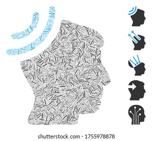 Hatch Mosaic based on radio reception brain icon. Mosaic vector radio reception brain is designed with scattered hatch dots. Bonus icons are added.
