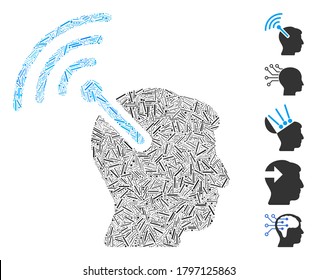 Hatch Mosaic based on radio neural interface icon. Mosaic vector radio neural interface is formed with random hatch elements. Bonus icons are added.