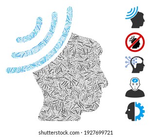 Hatch Mosaic based on radio reception mind icon. Mosaic vector radio reception mind is designed with random hatch dots. Bonus icons are added.