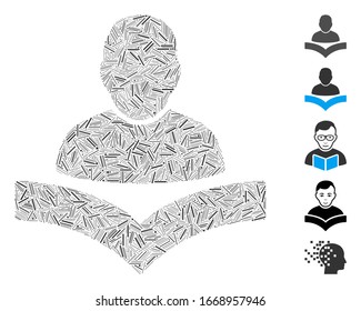 Hatch Mosaic based on reader boy icon. Mosaic vector reader boy is formed with randomized hatch spots. Bonus icons are added.