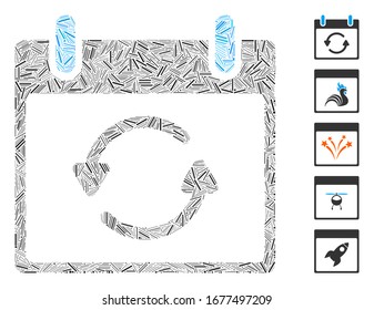 Hatch Mosaic based on refresh calendar day icon. Mosaic vector refresh calendar day is composed with random hatch items. Bonus icons are added.
