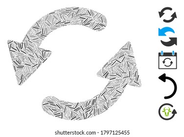 Hatch Mosaic based on refresh CCW icon. Mosaic vector refresh CCW is composed with scattered hatch items. Bonus icons are added.