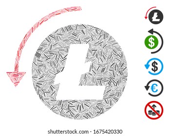 Mosaico del escote basado en el ícono del reembolso Litecoin. Reembolso vectorial mosaico Litecoin está diseñado con manchas de escote dispersas. Se agregan iconos de bonificación.