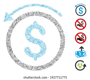 Mosaico de escotilla basado en el icono del reembolso. El reembolso del vector mosaico se compone de manchas de escotilla aleatorias. Se agregan iconos de bonificación.