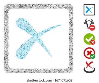 Hatch Mosaic based on reject icon. Mosaic vector reject is formed with randomized line elements. Bonus icons are added.