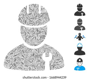 Hatch Mosaic based on repairman icon. Mosaic vector repairman is formed with randomized hatch spots. Bonus icons are added.