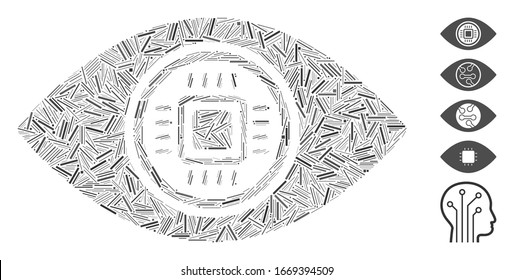 Hatch Mosaic based on robotics vision icon. Mosaic vector robotics vision is created with random hatch dots. Bonus icons are added.
