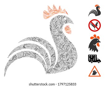 Hatch Mosaic based on rooster icon. Mosaic vector rooster is composed with scattered hatch elements. Bonus icons are added.