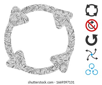 Mosaico de escote basado en el icono de rotación. La rotación del vector mosaico se crea con puntos de rayado dispersos. Se agregan iconos de bonificación.