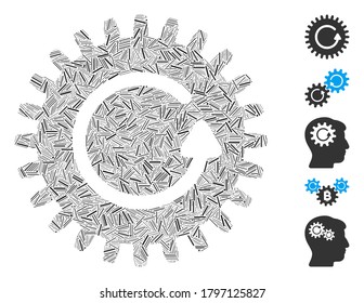 Hatch Mosaic based on rotate cog icon. Mosaic vector rotate cog is composed with randomized hatch spots. Bonus icons are added.