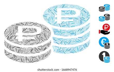 Hatch Mosaic based on rouble coin stacks icon. Mosaic vector rouble coin stacks is created with scattered hatch items. Bonus icons are added.