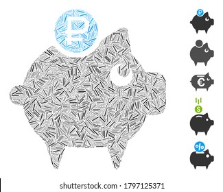 Mosaico de escotilla basado en el icono del banco de cerdos del rublo. El banco de cerdos de espiga vectorial mosaico se forma con artículos de escotilla aleatorizados. Se agregan iconos de bonificación.
