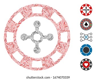 Hatch Mosaic basiert auf Roulette Casino Chip Symbol. Mosaik Vektorillustration Roulette Casino Chip wird mit zufälligen Schlupfartikel erstellt. Bonussymbole werden hinzugefügt.