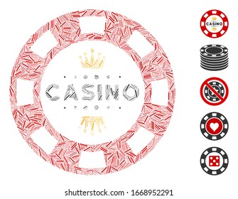 Hatch Mosaic based on royal casino chip icon. Mosaic vector royal casino chip is created with randomized hatch elements. Bonus icons are added.