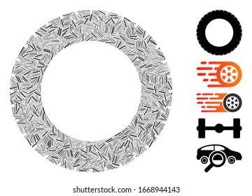 Hatch Mosaic based on rubber tire icon. Mosaic vector rubber tire is formed with scattered hatch items. Bonus icons are added.