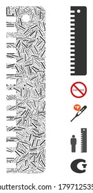 Hatch Mosaic based on ruler icon. Mosaic vector ruler is formed with random hatch elements. Bonus icons are added.