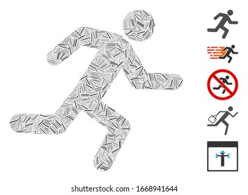 Hatch Mosaic based on running man icon. Mosaic vector running man is designed with randomized line spots. Bonus icons are added.