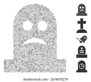 Hatch Mosaic based on sad tomb icon. Mosaic vector sad tomb is composed with scattered dash items. Bonus icons are added.