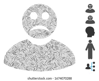 Hatch Mosaic based on sad man icon. Mosaic vector sad man is composed with scattered hatch elements. Bonus icons are added.