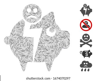 Hatch Mosaic based on sad bankruptcy piggy bank icon. Mosaic vector sad bankruptcy piggy bank is formed with scattered hatch spots. Bonus icons are added.