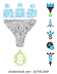 Mosaico Hatch basado en el icono del embudo de ventas. El embudo de venta de vectores mosaicos se forma con manchas de rayas dispersas. Se agregan iconos de bonificación.