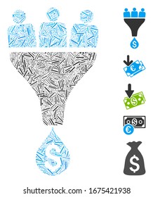 Mosaico Hatch basado en el icono del embudo de ventas. El embudo de ventas de vectores mosaicos se crea con puntos de rayado aleatorios. Se agregan iconos de bonificación.