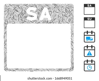 Hatch Mosaic based on Saturday calendar page icon. Mosaic vector Saturday calendar page is composed with randomized hatch dots. Bonus icons are added.