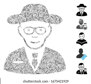 Hatch Mosaic based on scientist icon. Mosaic vector scientist is formed with scattered hatch dots. Bonus icons are added.