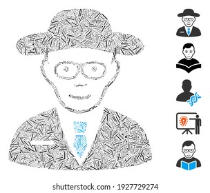 Hatch Mosaic based on scientist icon. Mosaic vector scientist is created with scattered hatch elements. Bonus icons are added.