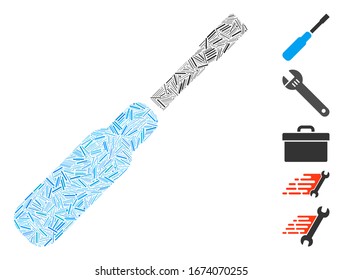Hatch Mosaic based on screwdriver icon. Mosaic vector screwdriver is created with scattered hatch dots. Bonus icons are added.