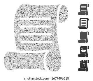 Hatch Mosaic based on script roll icon. Mosaic vector script roll is formed with scattered hatch elements. Bonus icons are added.