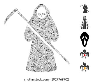 Hatch Mosaic based on scytheman icon. Mosaic vector scytheman is formed with scattered hatch spots. Bonus icons are added.