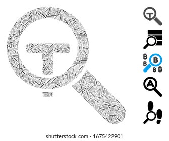 Hatch Mosaic based on search text icon. Mosaic vector search text is composed with scattered hatch items. Bonus icons are added.