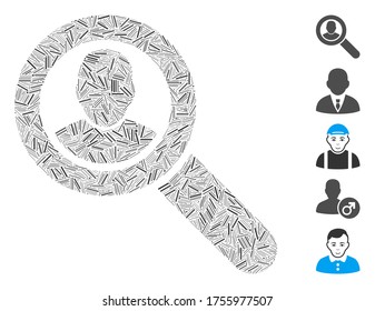 Hatch Mosaic based on search user icon. Mosaic vector search user is designed with scattered hatch spots. Bonus icons are added.