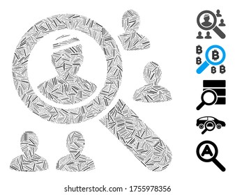 Hatch Mosaic based on search patients icon. Mosaic vector search patients is designed with random hatch spots. Bonus icons are added.