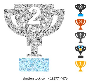Hatch Mosaic based on second prize cup icon. Mosaic vector second prize cup is composed with randomized hatch elements. Bonus icons are added.
