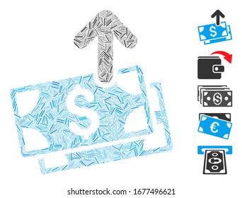 Hatch Mosaic based on send banknotes icon. Mosaic vector send banknotes is formed with randomized hatch dots. Bonus icons are added.
